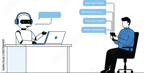 AI customer service, chatbot support, robot assistant, human interaction, mobile messaging, flat design, vector illustration, digital help, tech communication