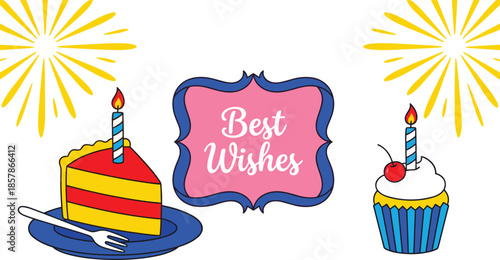 Best wishes, birthday cake, cupcake, candle, cherry, celebration, fireworks, greeting card, festive dessert, flat vector illustration