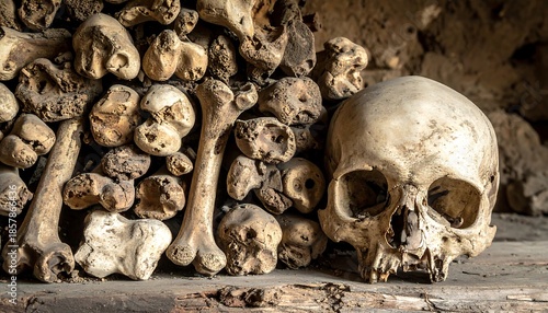 Macabre Still Life: Human Skull and Bone Pile in Dark Catacomb Setting