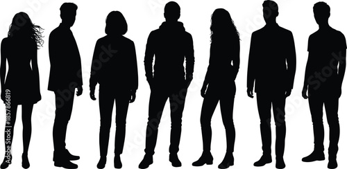 Group of diverse people silhouettes standing together, teamwork concept, community unity, anonymous human figures isolated on white background