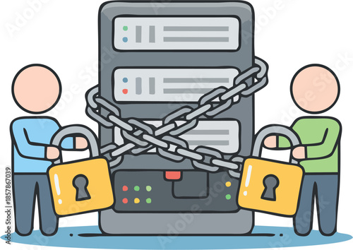 Cartoon Server Security with Chains and Padlocks – Flat Vector Illustration of Data Protection and Cyber Security Teamwork Icon