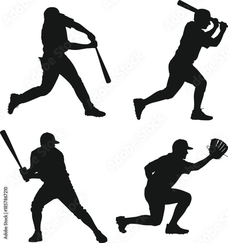 Black Baseball Player Silhouettes Set Featuring Batting Hitting and Catching Action Poses Isolated on White Background for Sports Team Design Projects