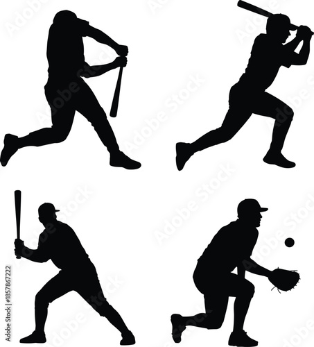 Black Baseball Player Silhouettes Set Featuring Batting Hitting and Catching Action Poses Isolated on White Background for Sports Team Design Projects