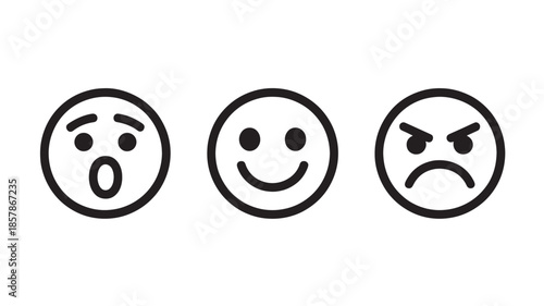 Emoticon Set with Surprised, Happy, and Angry Faces in Simple Line Art Style with Black and White Color Scheme for Digital Communication