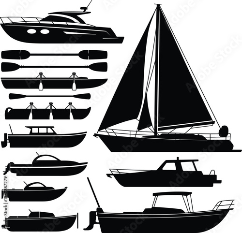 Black Boat Silhouettes Set Featuring Sailboat Yacht Rowboat Motorboat and Canoe Icons Isolated on White Background for Nautical Maritime Transportation Design
