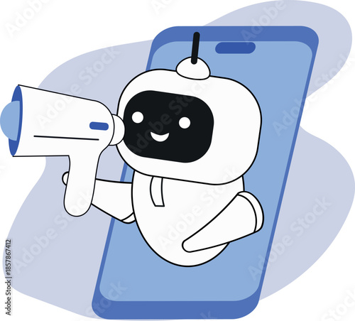 Robot assistant, artificial intelligence generating ideas, AI information retrieval, process automation, machine intelligence. Implementation of digital technologies, reminder app, cute robot characte