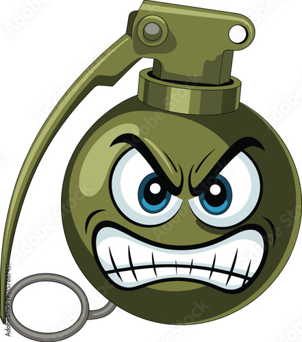 Angry cartoon grenade character with aggressive facial expression, military explosive illustration, comic style weapon icon, war concept, danger symbol, isolated on white background