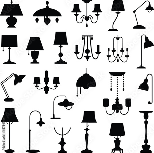 Black lamp silhouette collection featuring various table lamps, floor lamps, ceiling chandeliers, desk lighting icons, and interior home decor furniture silhouettes