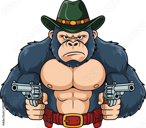 Cartoon Gorilla Cowboy with Revolvers and Muscular Build – Western Animal Character Vector for Action, Humor, and Mascot-Themed Creative Projects