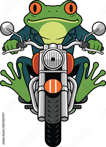Cool cartoon frog riding motorcycle with confident pose, fun animal biker character illustration, creative mascot design for games, stickers and graphic artwork, isolated on white