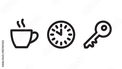 Coffee Break Time Management Key in Simple Line Art Style with Black Color on White Background for Productivity Icon Set