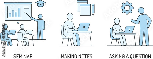Educational seminar, note taking, asking questions, learning activities, student interaction, flat design, vector illustration, academic concept, classroom dynamics