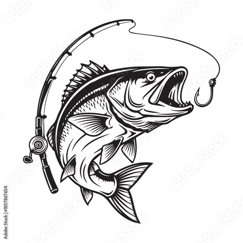 Aggressive Fish Biting Hook Fishing Vector Illustration