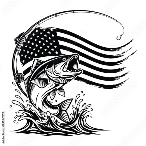 Jumping Fish With Fishing Rod and American Flag Illustration