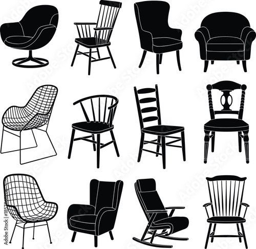 Chair silhouette set illustration, modern and vintage seating furniture collection, armchairs and rocking chairs isolated on white background vector design