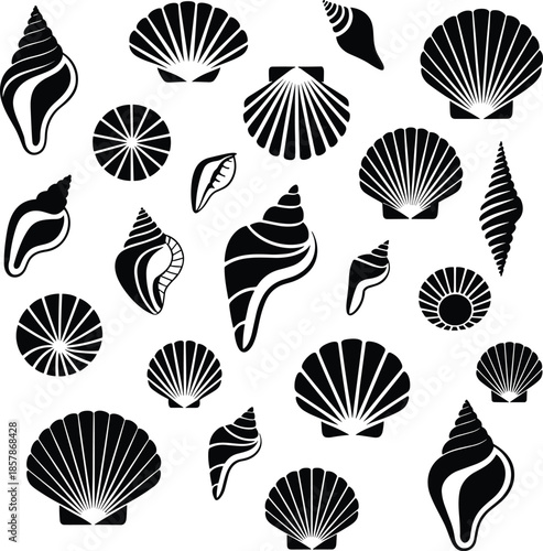 Collection of Seashell Silhouettes Featuring Scallops, Conches, and Marine Shells for Summer Beach Decor, Nautical Graphic Design, and Tropical Vector Art