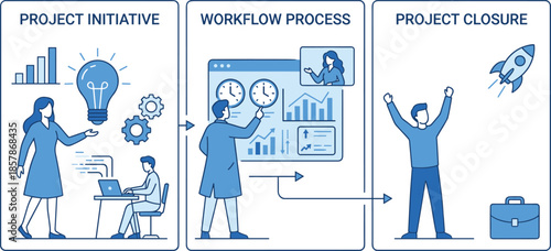 Project initiative, workflow process, project closure, planning, time management, charts, rocket, success, teamwork, flat vector illustration