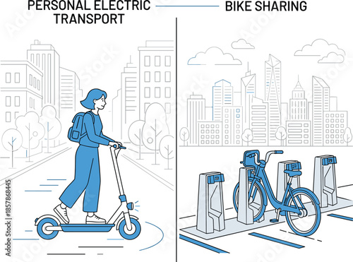  
Personal electric transport, bike sharing, eco-friendly commuting, urban mobility, city travel, sustainable lifestyle, modern transit, flat vector illustration
