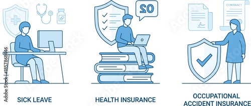 Sick leave, health insurance, accident protection, employee benefits, workplace safety, flat design, vector illustration, HR policy, medical coverage