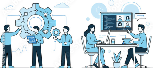 Teamwork, collaboration, remote meeting, gear icons, planning, video conference, coding, blueprint, productivity, business, flat vector illustration