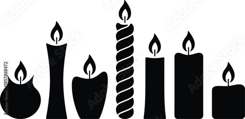 Decorative candle silhouettes collection, burning wax candles set, black vector illustration of lighting icons isolated on white background design