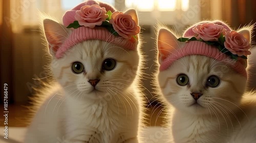 Adorable white cat wearing pink floral hat in soft focus with warm golden lighting for pet fashion