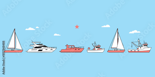 Various boat types, sailboat, yacht, motorboat, fishing vessel, marine transport, nautical theme, ocean travel, flat vector illustration