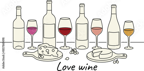 Wine tasting, cheese pairing, gourmet setup, wine bottles, glasses variety, flat design, vector illustration, social gathering, food experience