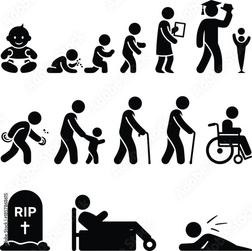 Human life cycle evolution silhouette icons showing baby growth, childhood, adulthood, education, aging, disability, illness, death stages concept flat vector illustration