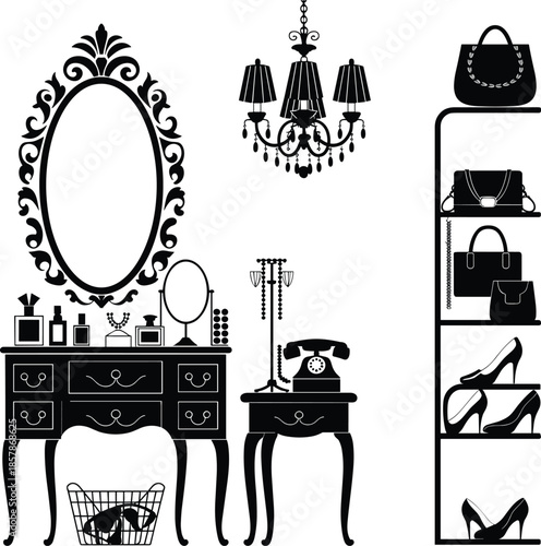 Luxury fashion dressing room interior silhouette with vanity table chandelier mirror handbags shoes shelf and classic furniture icons elegant boutique illustration
