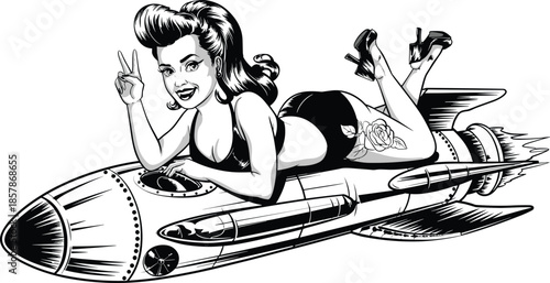 Vintage pin up girl riding rocket illustration, retro black and white bomb nose art style artwork, classic aviation pinup character design, playful war era concept, isolated on white