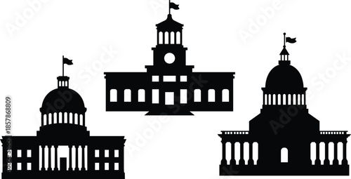 Government Building Silhouette Collection Featuring State Capitol Architecture City Hall Landmarks and United States Courthouse Icons for Law and Justice Designs
