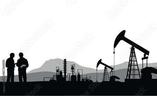 Oil Field Silhouette with Workers, Pump Jacks, and Refinery Structures – Industrial Energy Scene for Petroleum, Extraction, and Engineering Vector Projects