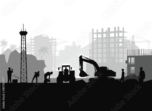 Construction site silhouette scene with workers, excavator, heavy machinery and urban building development, industrial infrastructure project concept, engineering and labor illustration