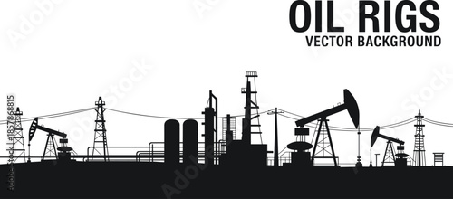 Oil rigs and refinery silhouette vector background showing pumpjacks, drilling towers and industrial petroleum infrastructure, energy production and oil industry concept, isolated on white