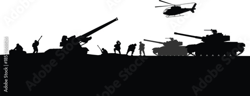 Military Silhouette Scene with Soldiers, Tanks, Artillery, and Helicopter – Tactical Combat Vector for War, Defense, and Battlefield Illustration Projects