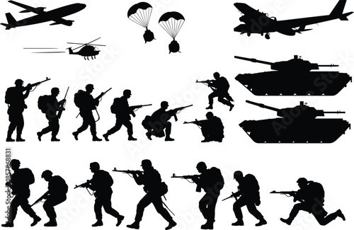 Black Military Silhouettes of Soldiers, Tanks, Aircraft, and Paratroopers in Action – Combat Elements for War, Army, and Defense-Themed Vector Design