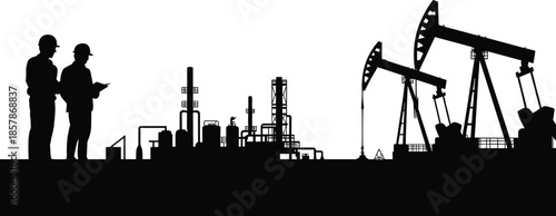 Oil and gas industry silhouette showing refinery plant, pumpjack rigs and engineers inspecting energy production site, petroleum extraction and industrial power concept, isolated on white