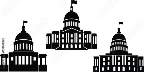 Government Capitol Building Icons Set, Public Architecture Vector Symbols, State House Exterior Illustrations, Court House Architecture Graphic Design, Landmark Building Signage