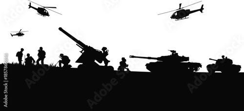 Military battlefield silhouette scene showing soldiers, tanks, artillery and helicopters in combat formation, war and defense concept illustration, armed forces operation, isolated on white
