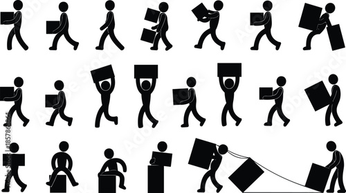 Manual labor and lifting icon set showing workers carrying boxes, heavy load handling, moving and transport activities, workplace ergonomics and physical effort pictograms, flat design