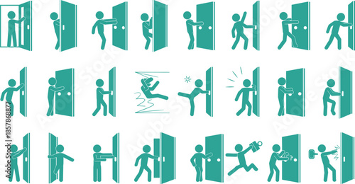 Door interaction and accident icon set showing opening, closing, pushing, pulling and injury scenarios, safety awareness and human behavior pictograms, flat design, isolated on white