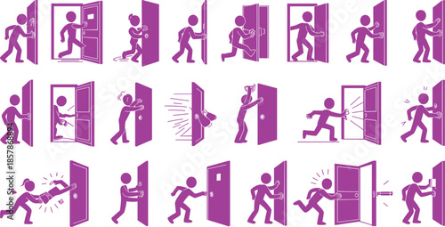 Stick figure icons showing people interacting with doors including opening, closing, knocking, entering, exiting, pushing, and humorous accident scenarios