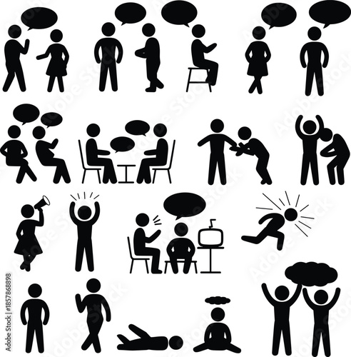 Silhouette icons of human interactions showing communication, emotions, arguments, celebration, meditation, stress, sadness, and expressive social behaviors