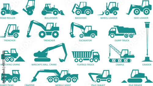 Silhouette illustration of construction vehicles and heavy equipment with labeled names, educational design for machinery identification, excavation, and building industry reference