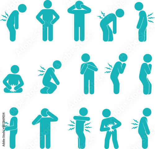 Human body pain icon set showing back, neck, shoulder, stomach and joint pain symptoms, medical health problem pictograms, flat silhouette illustration, isolated on white background