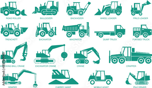 Construction machinery icon set with heavy equipment silhouettes including excavator, bulldozer, crane and dump truck, industrial engineering vehicles collection, flat design, isolated on white