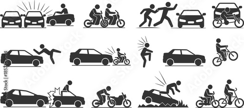 Traffic accident pictogram illustration showing car collisions, motorcycle crashes, bicycle incidents, pedestrian hazards, and road safety awareness icons.