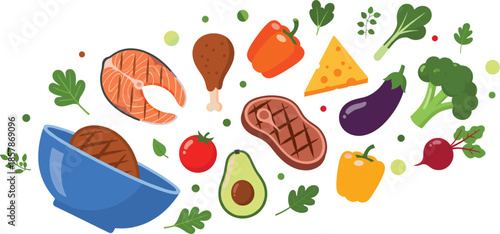 Healthy food ingredients illustration set with meat fish vegetables cheese and fruits in flat cartoon style isolated