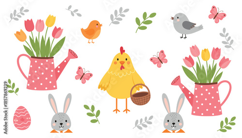 Cute spring and Easter cartoon elements set with chicken bunny flowers butterflies and gardening objects vector illustration